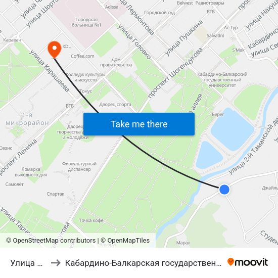 Улица Ореховая Роща to Кабардино-Балкарская государственная сельскохозяйственная академия имени В.М. Кокова. map