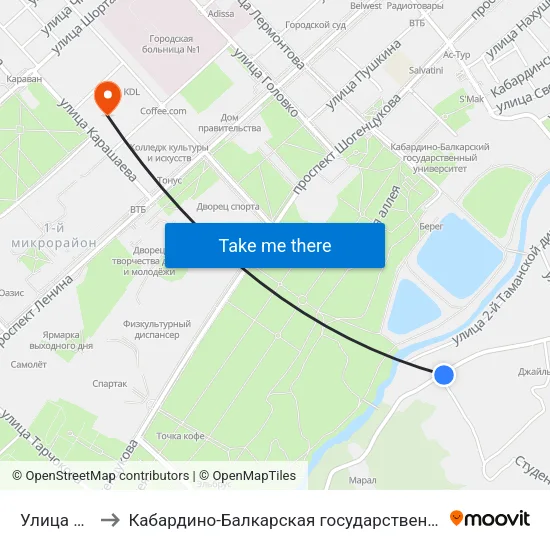 Улица Ореховая Роща to Кабардино-Балкарская государственная сельскохозяйственная академия имени В.М. Кокова. map