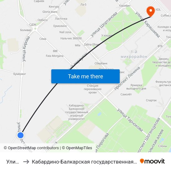 Улица Гугова to Кабардино-Балкарская государственная сельскохозяйственная академия имени В.М. Кокова. map
