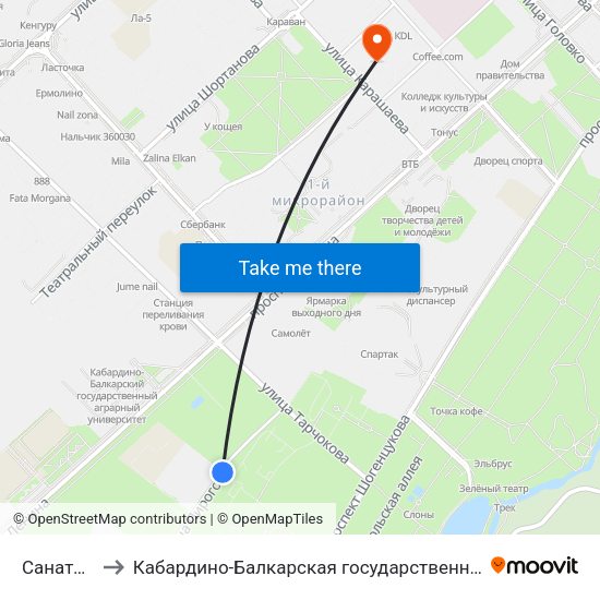 Санаторий Нальчик to Кабардино-Балкарская государственная сельскохозяйственная академия имени В.М. Кокова. map