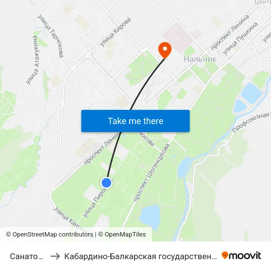 Санаторий Калмыкова to Кабардино-Балкарская государственная сельскохозяйственная академия имени В.М. Кокова. map