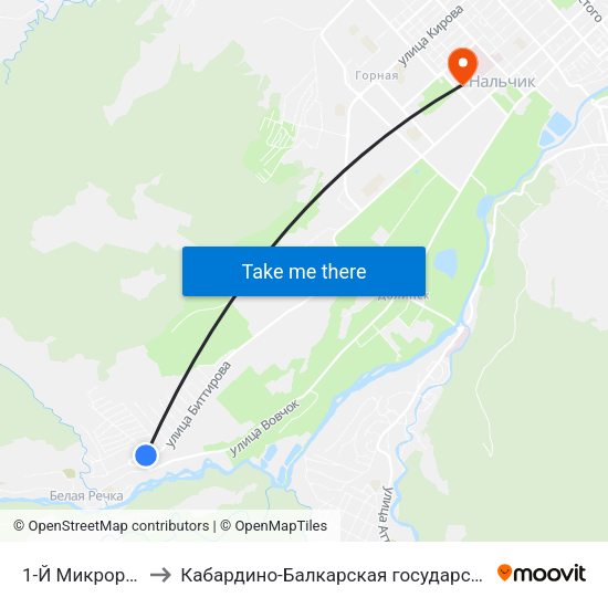 1-Й Микрорайон Цементного Завода to Кабардино-Балкарская государственная сельскохозяйственная академия имени В.М. Кокова. map
