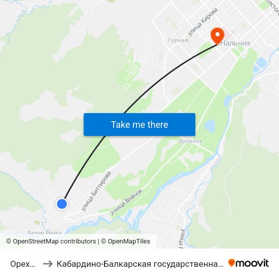 Ореховая Улица to Кабардино-Балкарская государственная сельскохозяйственная академия имени В.М. Кокова. map