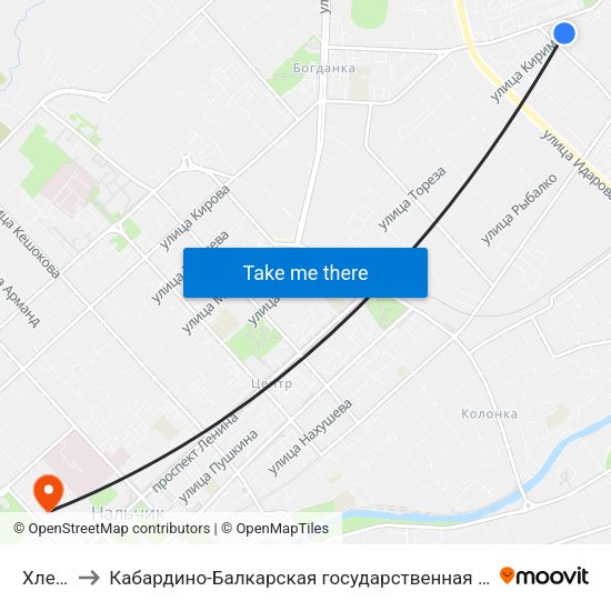 Хлебозавод to Кабардино-Балкарская государственная сельскохозяйственная академия имени В.М. Кокова. map