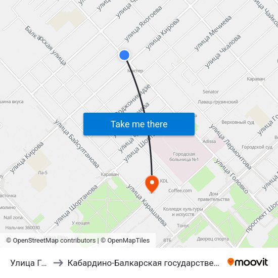 Улица Головко / Кирова to Кабардино-Балкарская государственная сельскохозяйственная академия имени В.М. Кокова. map