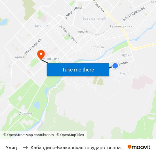 Улица Будаева to Кабардино-Балкарская государственная сельскохозяйственная академия имени В.М. Кокова. map