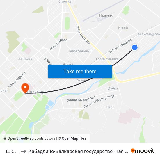 Школа №11 to Кабардино-Балкарская государственная сельскохозяйственная академия имени В.М. Кокова. map
