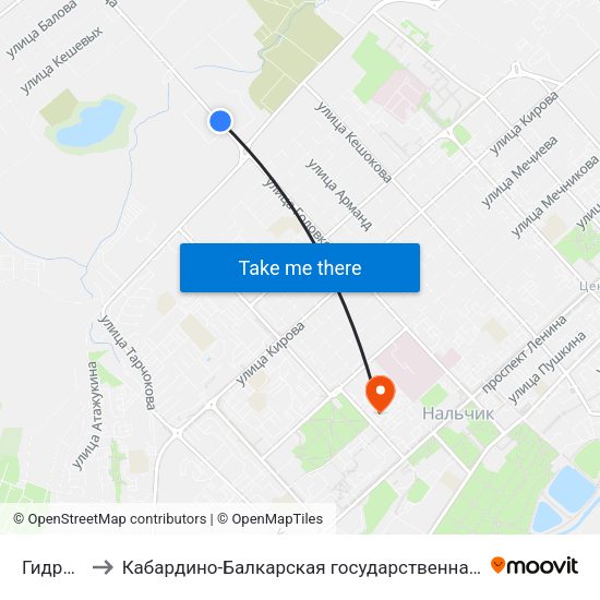 Гидрометаллург to Кабардино-Балкарская государственная сельскохозяйственная академия имени В.М. Кокова. map