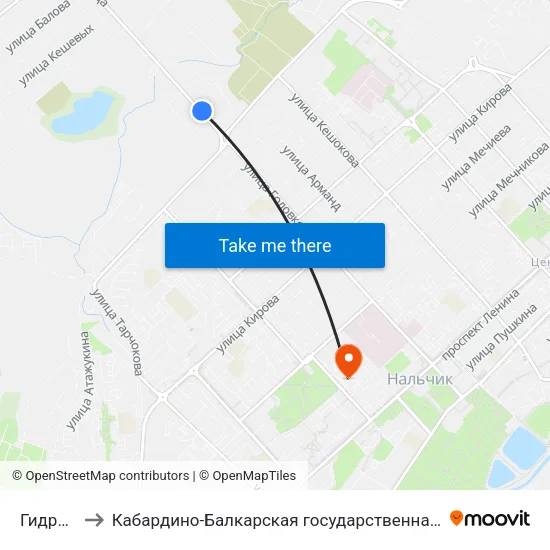 Гидрометаллург to Кабардино-Балкарская государственная сельскохозяйственная академия имени В.М. Кокова. map
