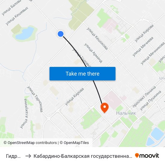 Гидрометаллург to Кабардино-Балкарская государственная сельскохозяйственная академия имени В.М. Кокова. map