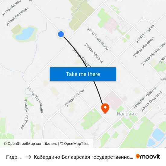 Гидрометаллург to Кабардино-Балкарская государственная сельскохозяйственная академия имени В.М. Кокова. map