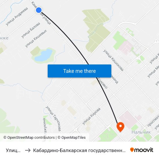 Улица Катханова to Кабардино-Балкарская государственная сельскохозяйственная академия имени В.М. Кокова. map