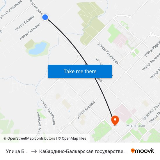 Улица Братьев Кешевых to Кабардино-Балкарская государственная сельскохозяйственная академия имени В.М. Кокова. map