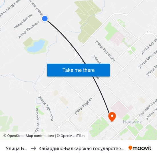 Улица Братьев Кешевых to Кабардино-Балкарская государственная сельскохозяйственная академия имени В.М. Кокова. map