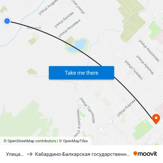 Улица Карбышева to Кабардино-Балкарская государственная сельскохозяйственная академия имени В.М. Кокова. map