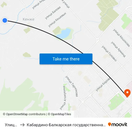 Улица Светлова to Кабардино-Балкарская государственная сельскохозяйственная академия имени В.М. Кокова. map