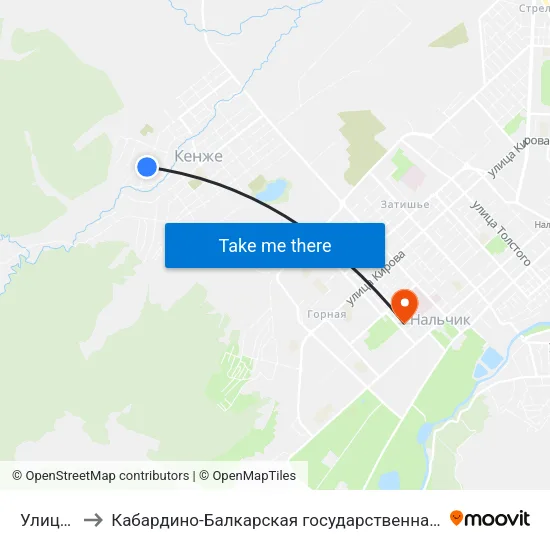 Улица Светлова to Кабардино-Балкарская государственная сельскохозяйственная академия имени В.М. Кокова. map