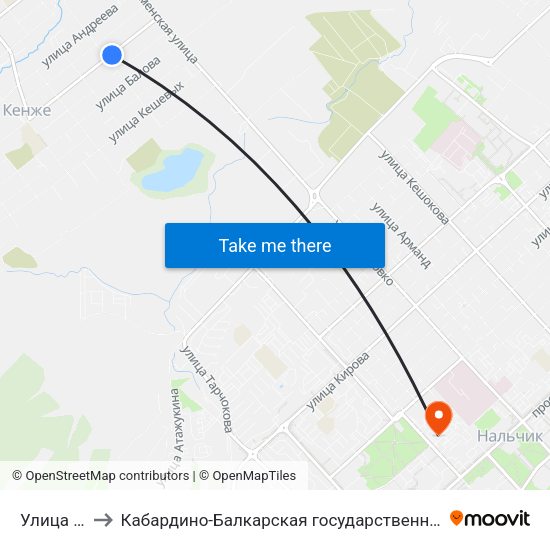Улица Ворошилова to Кабардино-Балкарская государственная сельскохозяйственная академия имени В.М. Кокова. map