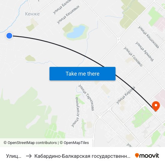 Улица Катханова to Кабардино-Балкарская государственная сельскохозяйственная академия имени В.М. Кокова. map