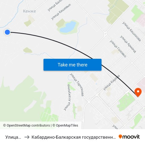 Улица Бляниховых to Кабардино-Балкарская государственная сельскохозяйственная академия имени В.М. Кокова. map