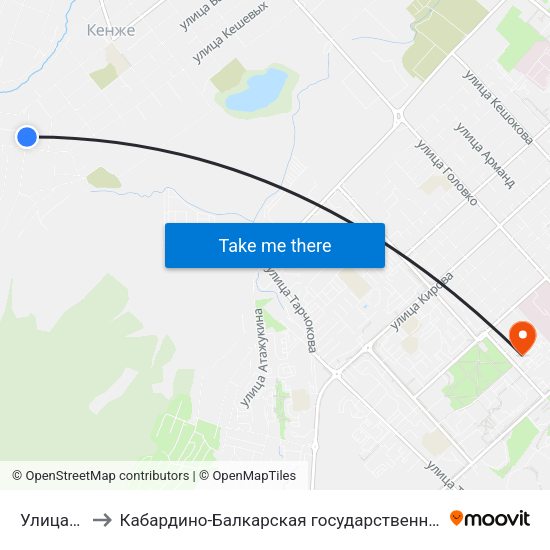 Улица Бляниховых to Кабардино-Балкарская государственная сельскохозяйственная академия имени В.М. Кокова. map