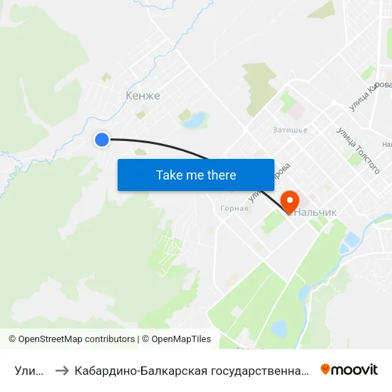 Улица Фрунзе to Кабардино-Балкарская государственная сельскохозяйственная академия имени В.М. Кокова. map