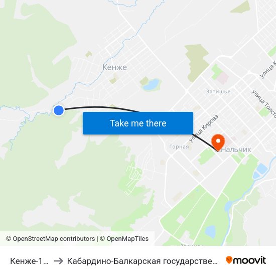 Кенже-1. Улица Ахохова to Кабардино-Балкарская государственная сельскохозяйственная академия имени В.М. Кокова. map