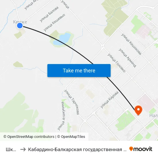 Школа №20 to Кабардино-Балкарская государственная сельскохозяйственная академия имени В.М. Кокова. map