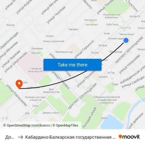 Дом Радио to Кабардино-Балкарская государственная сельскохозяйственная академия имени В.М. Кокова. map
