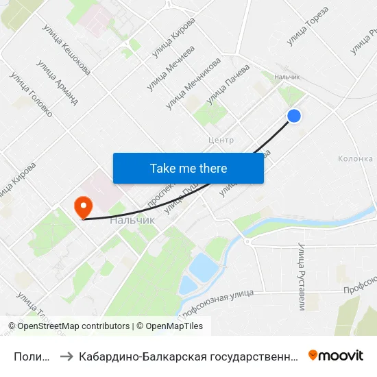 Поликлиника №3 to Кабардино-Балкарская государственная сельскохозяйственная академия имени В.М. Кокова. map