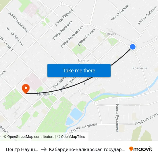 Центр Научно-Технического Творчества to Кабардино-Балкарская государственная сельскохозяйственная академия имени В.М. Кокова. map
