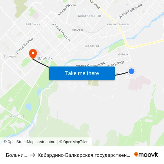 Больничный Городок to Кабардино-Балкарская государственная сельскохозяйственная академия имени В.М. Кокова. map