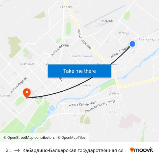 38 Км to Кабардино-Балкарская государственная сельскохозяйственная академия имени В.М. Кокова. map