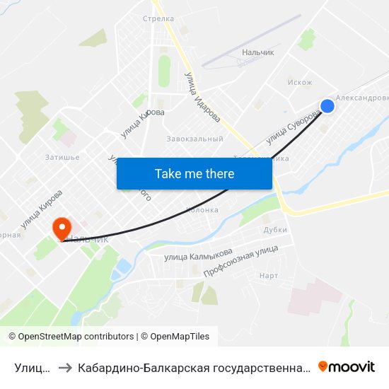 Улица Уммаева to Кабардино-Балкарская государственная сельскохозяйственная академия имени В.М. Кокова. map