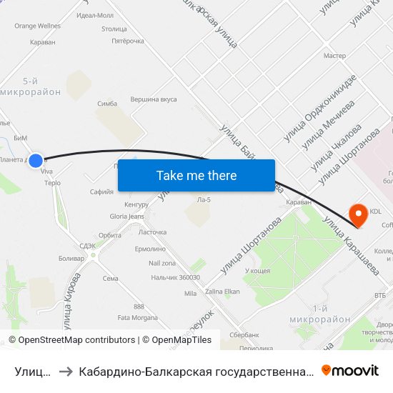 Улица Ватутина to Кабардино-Балкарская государственная сельскохозяйственная академия имени В.М. Кокова. map