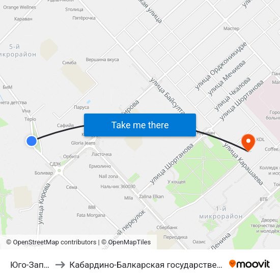 Юго-Западная Котельная to Кабардино-Балкарская государственная сельскохозяйственная академия имени В.М. Кокова. map