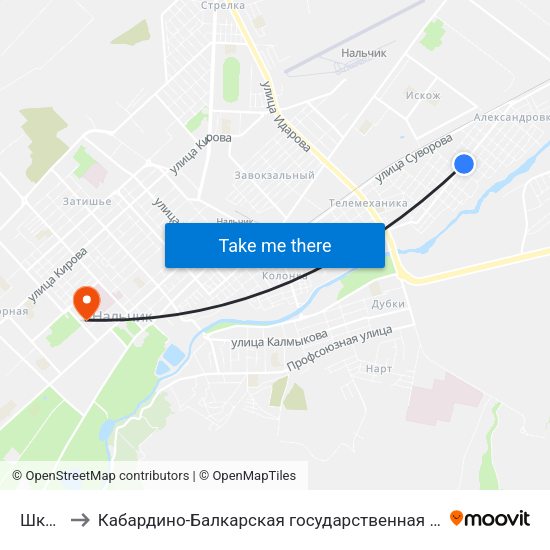 Школа №11 to Кабардино-Балкарская государственная сельскохозяйственная академия имени В.М. Кокова. map