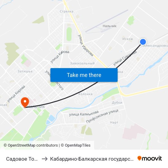 Садовое Товарищество Стройдеталь to Кабардино-Балкарская государственная сельскохозяйственная академия имени В.М. Кокова. map