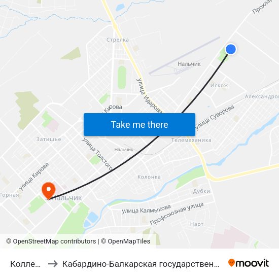 Колледж Строитель to Кабардино-Балкарская государственная сельскохозяйственная академия имени В.М. Кокова. map