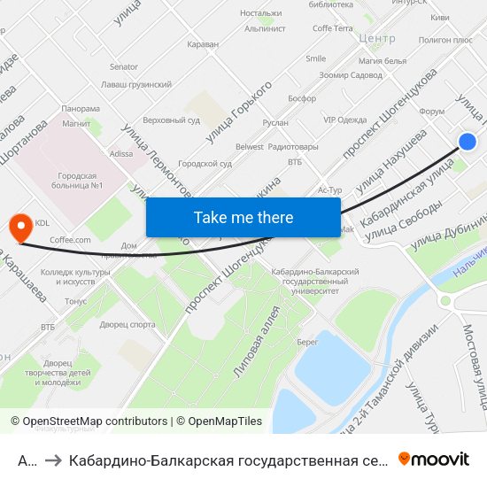 Арбат to Кабардино-Балкарская государственная сельскохозяйственная академия имени В.М. Кокова. map