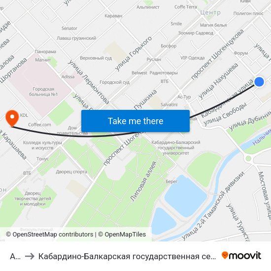 Арбат to Кабардино-Балкарская государственная сельскохозяйственная академия имени В.М. Кокова. map