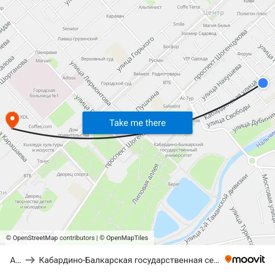 Арбат to Кабардино-Балкарская государственная сельскохозяйственная академия имени В.М. Кокова. map