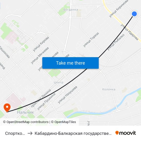 Спорткомплекс Кабарда to Кабардино-Балкарская государственная сельскохозяйственная академия имени В.М. Кокова. map