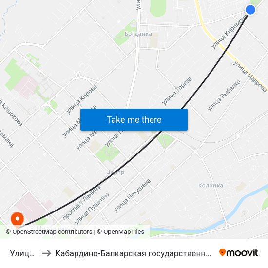 Улица Киримова to Кабардино-Балкарская государственная сельскохозяйственная академия имени В.М. Кокова. map