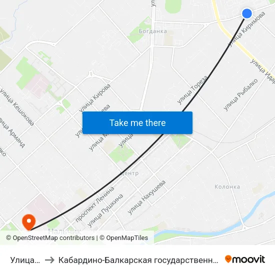 Улица Фурманова to Кабардино-Балкарская государственная сельскохозяйственная академия имени В.М. Кокова. map