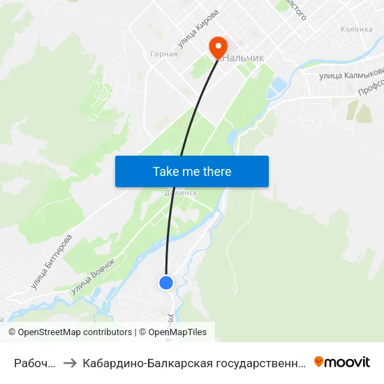 Рабочий Переулок to Кабардино-Балкарская государственная сельскохозяйственная академия имени В.М. Кокова. map