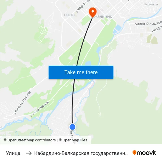 Улица Ульбашева to Кабардино-Балкарская государственная сельскохозяйственная академия имени В.М. Кокова. map