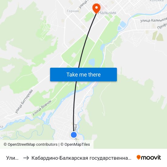 Улица Титова to Кабардино-Балкарская государственная сельскохозяйственная академия имени В.М. Кокова. map