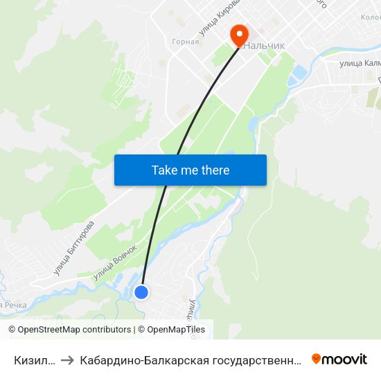 Кизиловая Улица to Кабардино-Балкарская государственная сельскохозяйственная академия имени В.М. Кокова. map