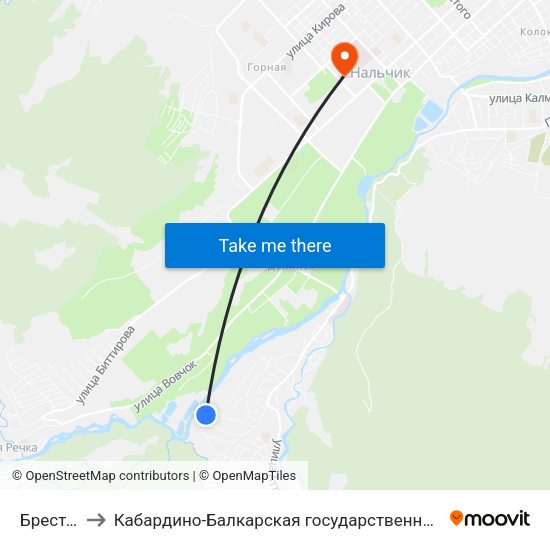 Брестская Улица to Кабардино-Балкарская государственная сельскохозяйственная академия имени В.М. Кокова. map